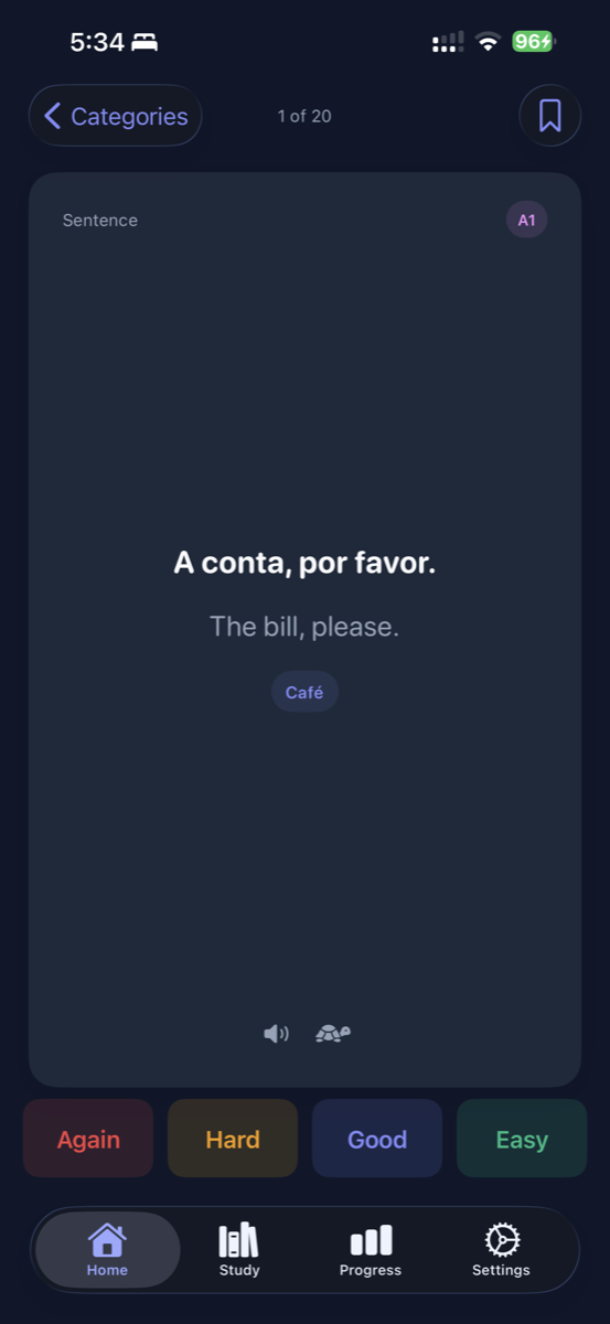 ChegouLisboa flashcard: 'A conta, por favor.' — 'The bill, please.' with Again/Hard/Good/Easy review buttons